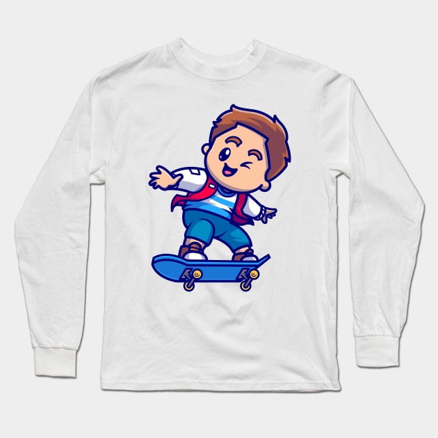 Cute Boy Playing With Skateboard Cartoon Long Sleeve T-Shirt by Catalyst Labs